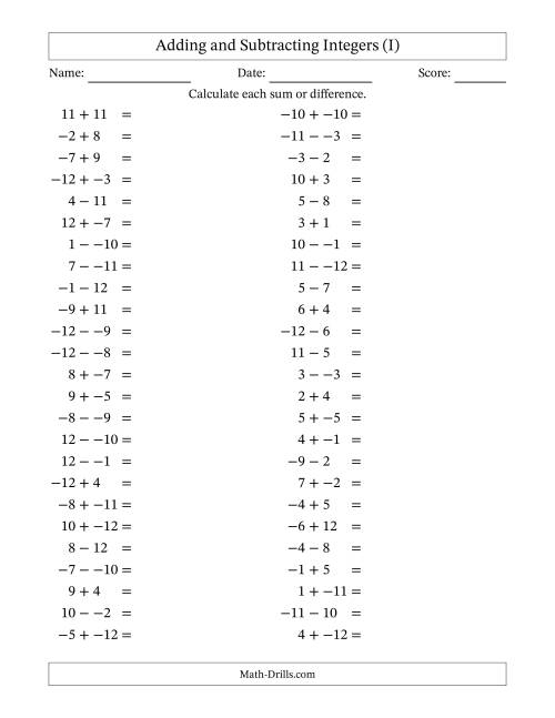 The Adding and Subtracting Mixed Integers from -12 to 12 (50 Questions; No Parentheses) (I) Math Worksheet