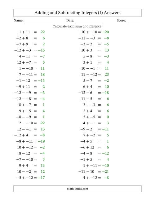 The Adding and Subtracting Mixed Integers from -12 to 12 (50 Questions; No Parentheses) (I) Math Worksheet Page 2