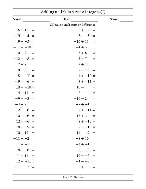 The Adding and Subtracting Mixed Integers from -12 to 12 (50 Questions; No Parentheses) (J) Math Worksheet