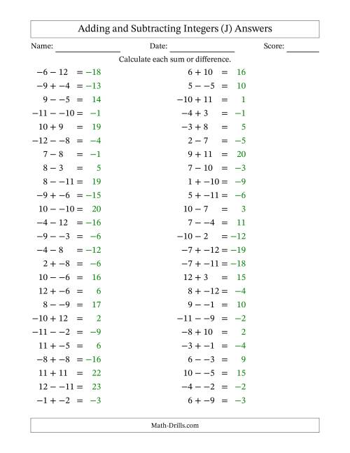 The Adding and Subtracting Mixed Integers from -12 to 12 (50 Questions; No Parentheses) (J) Math Worksheet Page 2
