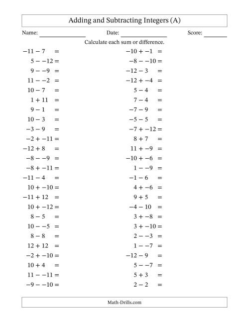 The Adding and Subtracting Mixed Integers from -12 to 12 (50 Questions; No Parentheses) (All) Math Worksheet