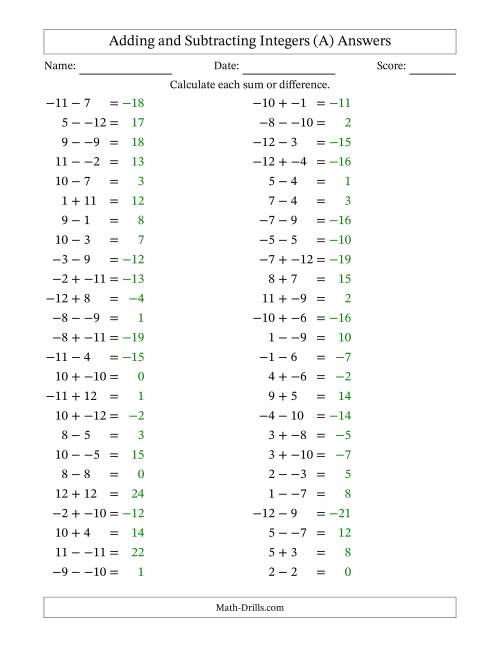 The Adding and Subtracting Mixed Integers from -12 to 12 (50 Questions; No Parentheses) (All) Math Worksheet Page 2