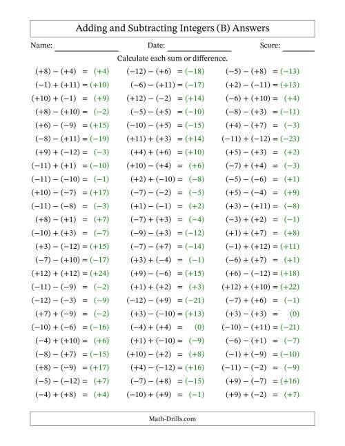 The Adding and Subtracting Mixed Integers from -12 to 12 (75 Questions; All Parentheses) (B) Math Worksheet Page 2
