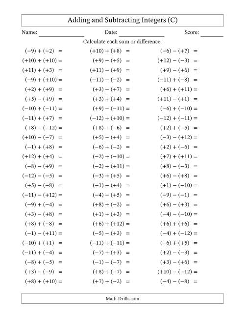 The Adding and Subtracting Mixed Integers from -12 to 12 (75 Questions; All Parentheses) (C) Math Worksheet