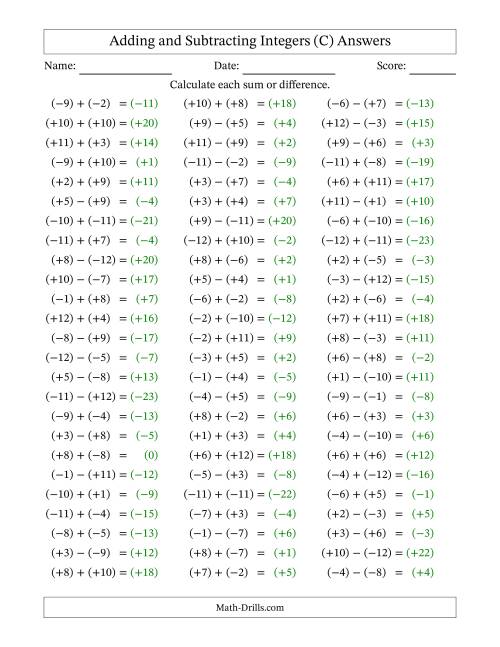 The Adding and Subtracting Mixed Integers from -12 to 12 (75 Questions; All Parentheses) (C) Math Worksheet Page 2