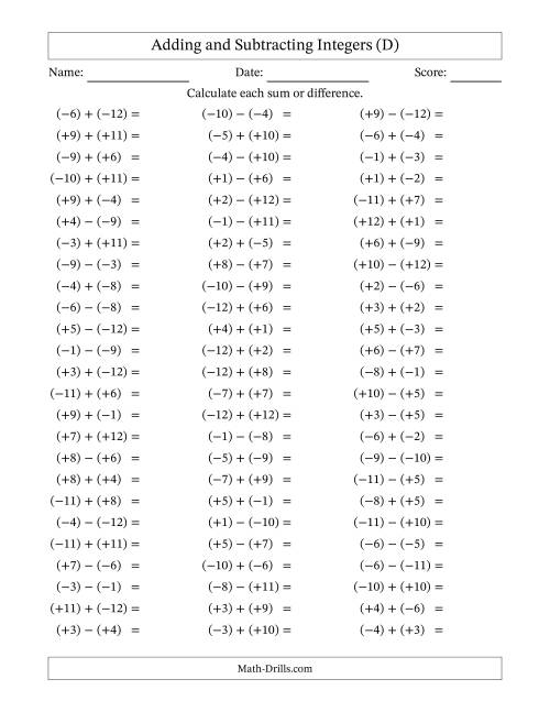 The Adding and Subtracting Mixed Integers from -12 to 12 (75 Questions; All Parentheses) (D) Math Worksheet