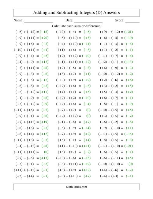 The Adding and Subtracting Mixed Integers from -12 to 12 (75 Questions; All Parentheses) (D) Math Worksheet Page 2