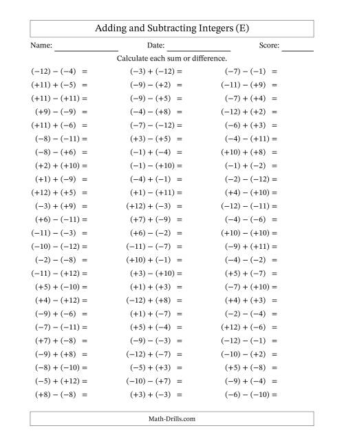 The Adding and Subtracting Mixed Integers from -12 to 12 (75 Questions; All Parentheses) (E) Math Worksheet