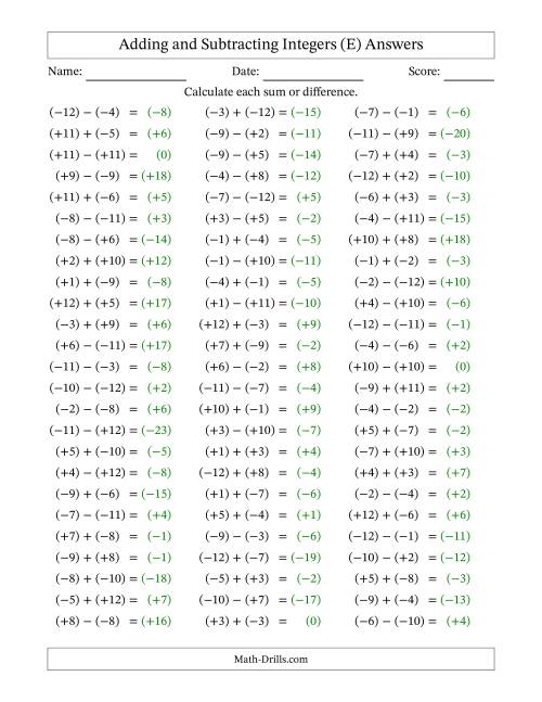 The Adding and Subtracting Mixed Integers from -12 to 12 (75 Questions; All Parentheses) (E) Math Worksheet Page 2