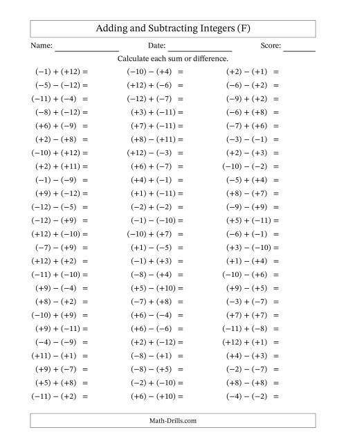 The Adding and Subtracting Mixed Integers from -12 to 12 (75 Questions; All Parentheses) (F) Math Worksheet