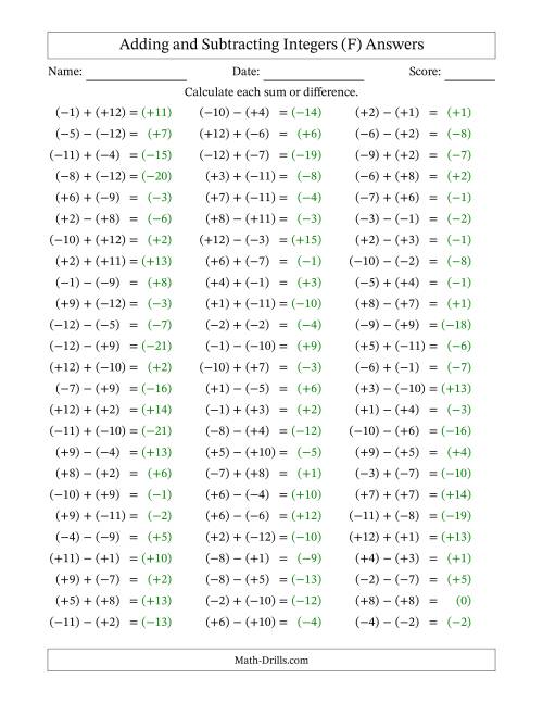 The Adding and Subtracting Mixed Integers from -12 to 12 (75 Questions; All Parentheses) (F) Math Worksheet Page 2