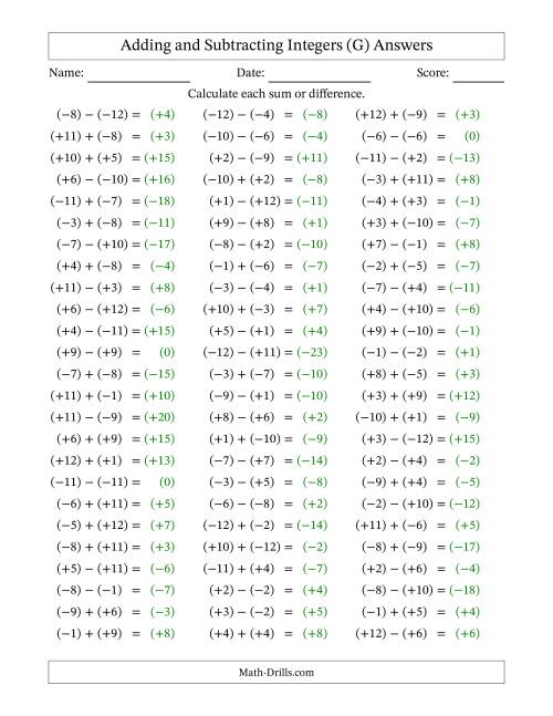 The Adding and Subtracting Mixed Integers from -12 to 12 (75 Questions; All Parentheses) (G) Math Worksheet Page 2