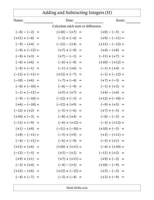 The Adding and Subtracting Mixed Integers from -12 to 12 (75 Questions; All Parentheses) (H) Math Worksheet