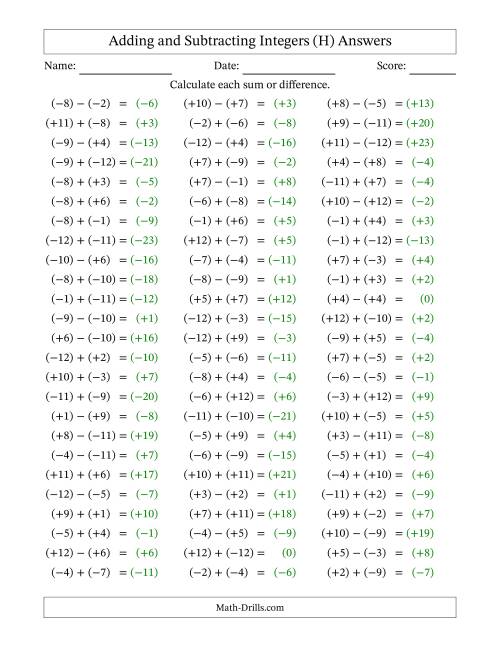 The Adding and Subtracting Mixed Integers from -12 to 12 (75 Questions; All Parentheses) (H) Math Worksheet Page 2