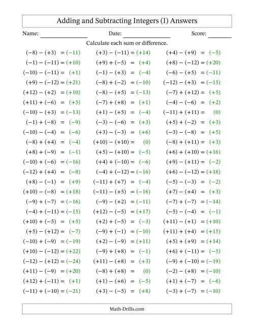 The Adding and Subtracting Mixed Integers from -12 to 12 (75 Questions; All Parentheses) (I) Math Worksheet Page 2