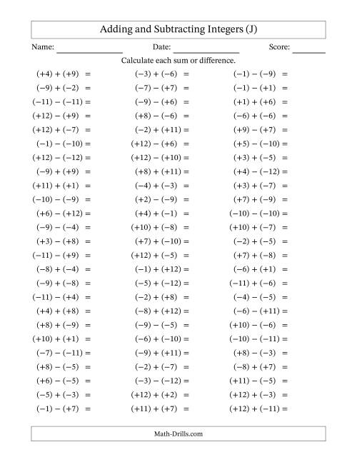 The Adding and Subtracting Mixed Integers from -12 to 12 (75 Questions; All Parentheses) (J) Math Worksheet