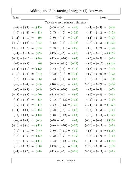 The Adding and Subtracting Mixed Integers from -12 to 12 (75 Questions; All Parentheses) (J) Math Worksheet Page 2