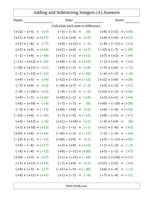 The Adding and Subtracting Mixed Integers from -12 to 12 (75 Questions; All Parentheses) (All) Math Worksheet Page 2
