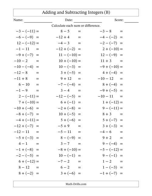 The Adding and Subtracting Mixed Integers from -12 to 12 (75 Questions) (B) Math Worksheet