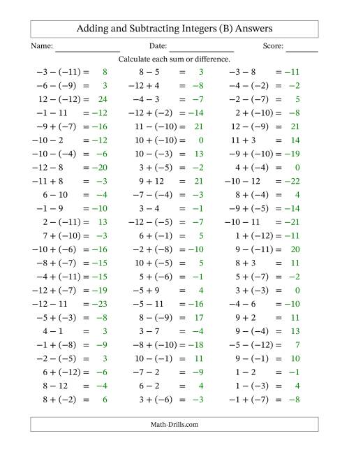 The Adding and Subtracting Mixed Integers from -12 to 12 (75 Questions) (B) Math Worksheet Page 2