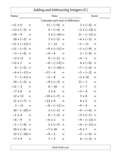 The Adding and Subtracting Mixed Integers from -12 to 12 (75 Questions) (C) Math Worksheet