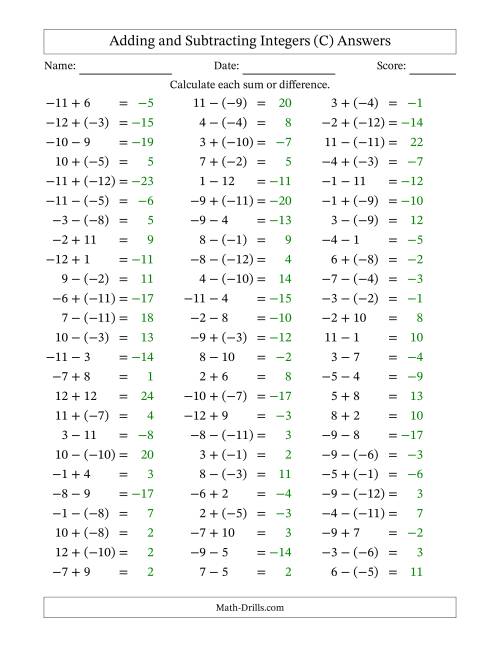 The Adding and Subtracting Mixed Integers from -12 to 12 (75 Questions) (C) Math Worksheet Page 2