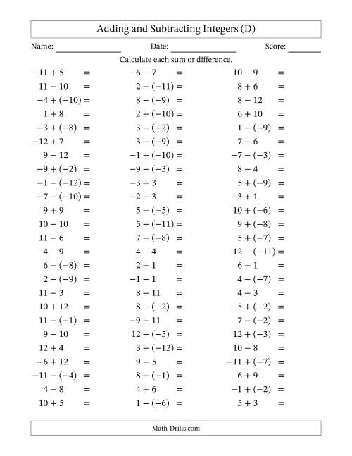 The Adding and Subtracting Mixed Integers from -12 to 12 (75 Questions) (D) Math Worksheet