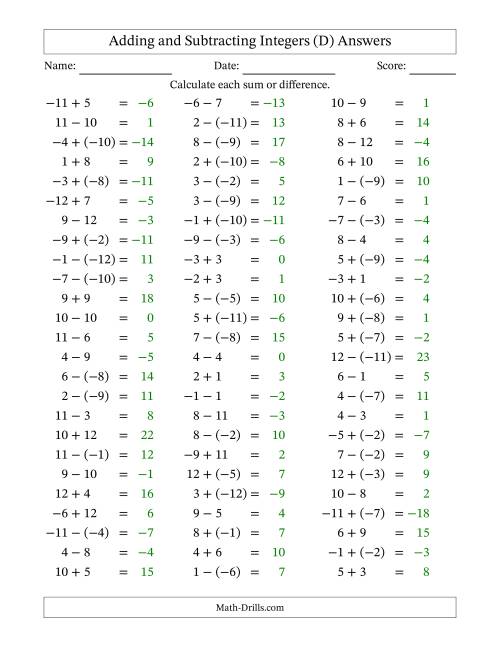 The Adding and Subtracting Mixed Integers from -12 to 12 (75 Questions) (D) Math Worksheet Page 2