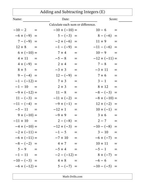 The Adding and Subtracting Mixed Integers from -12 to 12 (75 Questions) (E) Math Worksheet