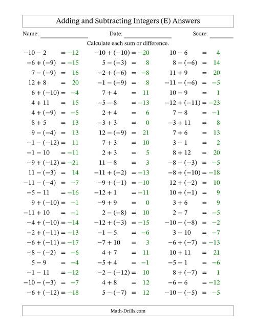 The Adding and Subtracting Mixed Integers from -12 to 12 (75 Questions) (E) Math Worksheet Page 2