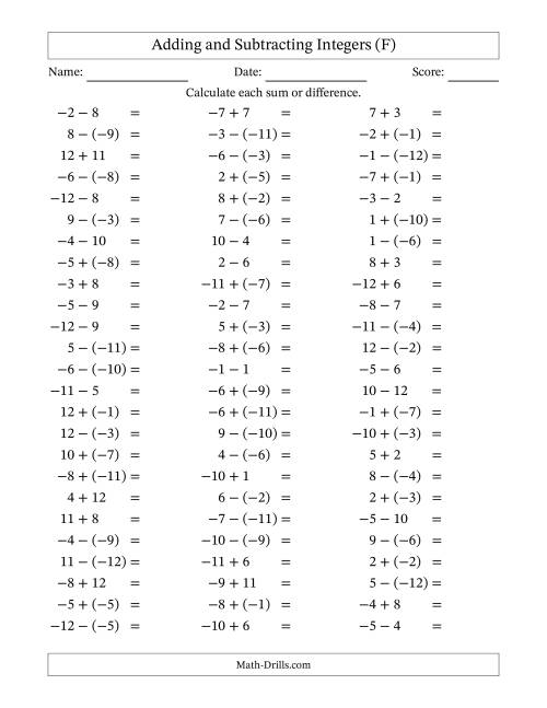 The Adding and Subtracting Mixed Integers from -12 to 12 (75 Questions) (F) Math Worksheet