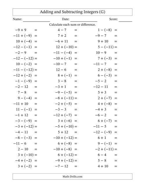 The Adding and Subtracting Mixed Integers from -12 to 12 (75 Questions) (G) Math Worksheet