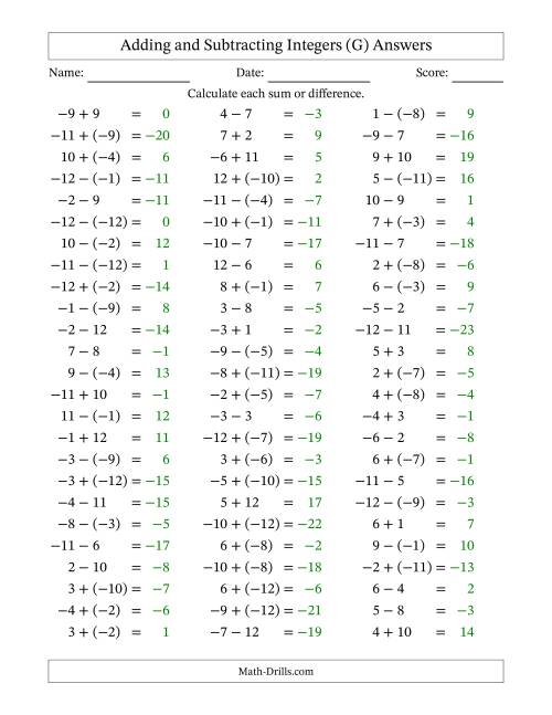 The Adding and Subtracting Mixed Integers from -12 to 12 (75 Questions) (G) Math Worksheet Page 2