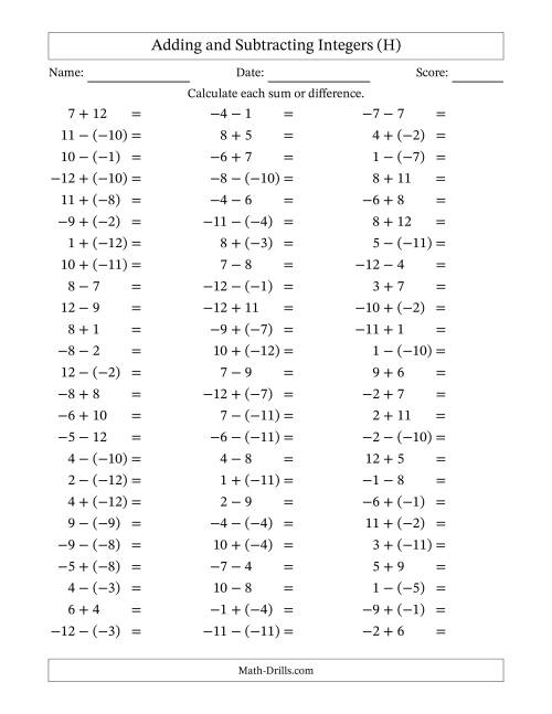 The Adding and Subtracting Mixed Integers from -12 to 12 (75 Questions) (H) Math Worksheet