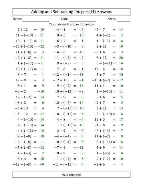The Adding and Subtracting Mixed Integers from -12 to 12 (75 Questions) (H) Math Worksheet Page 2