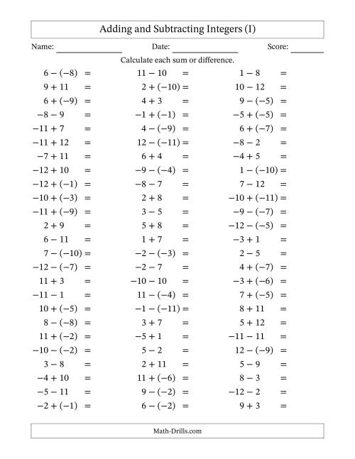 The Adding and Subtracting Mixed Integers from -12 to 12 (75 Questions) (I) Math Worksheet