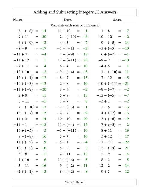 The Adding and Subtracting Mixed Integers from -12 to 12 (75 Questions) (I) Math Worksheet Page 2