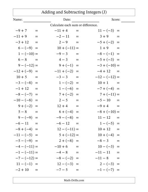 The Adding and Subtracting Mixed Integers from -12 to 12 (75 Questions) (J) Math Worksheet