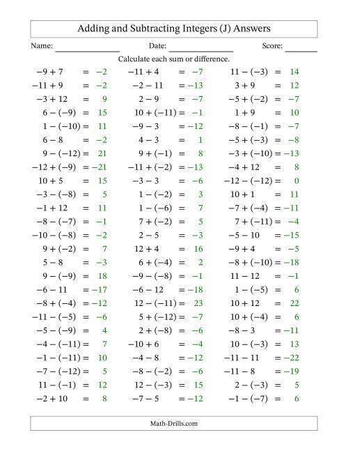 The Adding and Subtracting Mixed Integers from -12 to 12 (75 Questions) (J) Math Worksheet Page 2