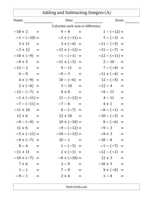 The Adding and Subtracting Mixed Integers from -12 to 12 (75 Questions) (All) Math Worksheet