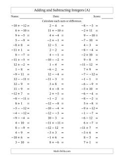 Adding and Subtracting Mixed Integers from -12 to 12 (75 Questions; No Parentheses)