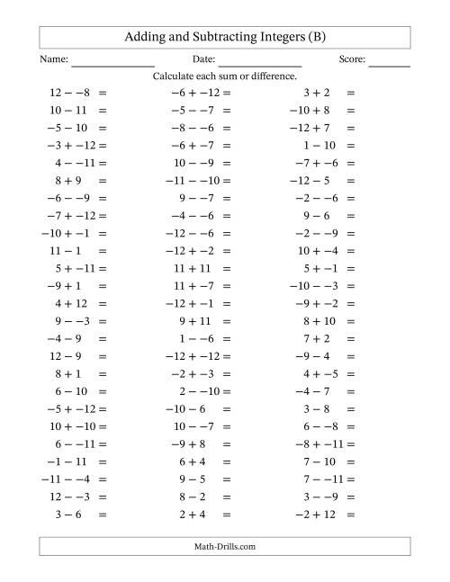 The Adding and Subtracting Mixed Integers from -12 to 12 (75 Questions; No Parentheses) (B) Math Worksheet