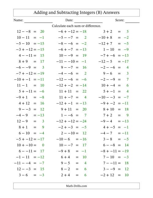 The Adding and Subtracting Mixed Integers from -12 to 12 (75 Questions; No Parentheses) (B) Math Worksheet Page 2
