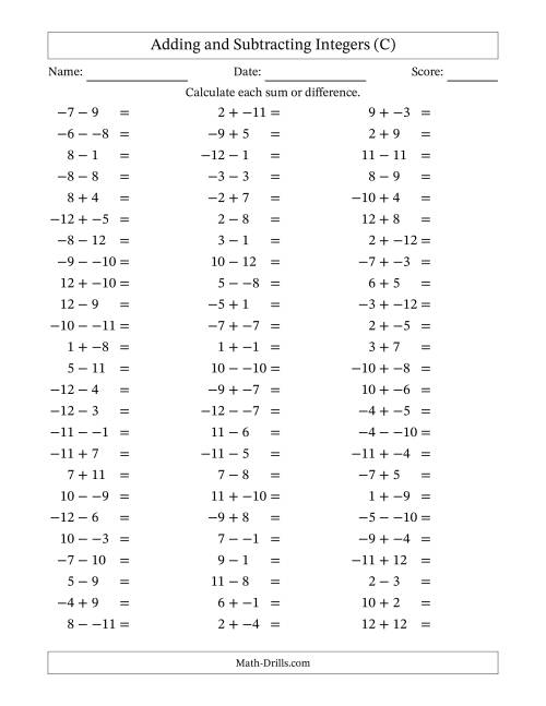 The Adding and Subtracting Mixed Integers from -12 to 12 (75 Questions; No Parentheses) (C) Math Worksheet