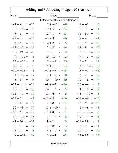 The Adding and Subtracting Mixed Integers from -12 to 12 (75 Questions; No Parentheses) (C) Math Worksheet Page 2