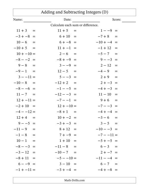 The Adding and Subtracting Mixed Integers from -12 to 12 (75 Questions; No Parentheses) (D) Math Worksheet