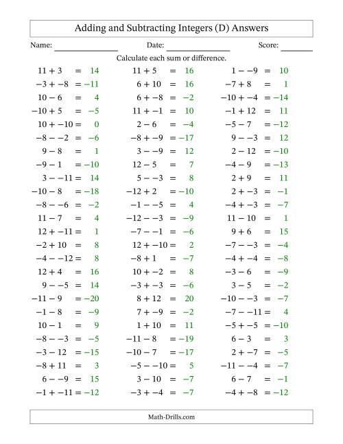 The Adding and Subtracting Mixed Integers from -12 to 12 (75 Questions; No Parentheses) (D) Math Worksheet Page 2