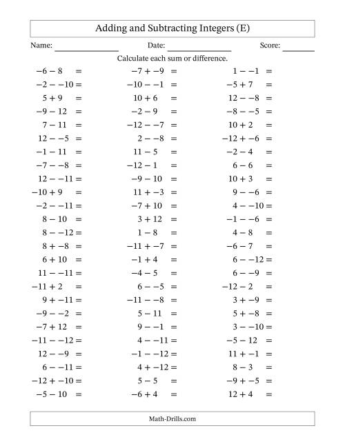 The Adding and Subtracting Mixed Integers from -12 to 12 (75 Questions; No Parentheses) (E) Math Worksheet