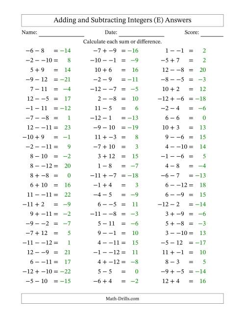 The Adding and Subtracting Mixed Integers from -12 to 12 (75 Questions; No Parentheses) (E) Math Worksheet Page 2
