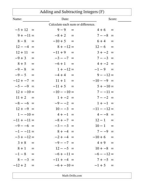 The Adding and Subtracting Mixed Integers from -12 to 12 (75 Questions; No Parentheses) (F) Math Worksheet